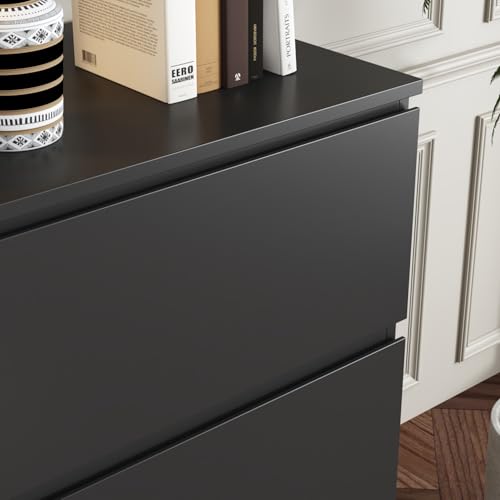 Image of Tall Nightstand with 3 Drawers, Modern Handleless Bedside Table for High Beds, Large Storage End Table, Wood Side Cabinet for Bedroom Black 30.3 inch W x 15.7 inch D x 32.3 inch H