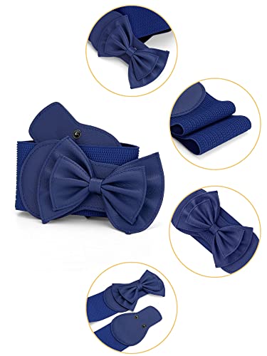 Allegra K Women's Elastic Waist Belt Interlock 8-shaped Faux Leather Buckle Belts for Lady 68.6cm/27" & 75cm/29.5" Green & Bow Decor Navy Blue2