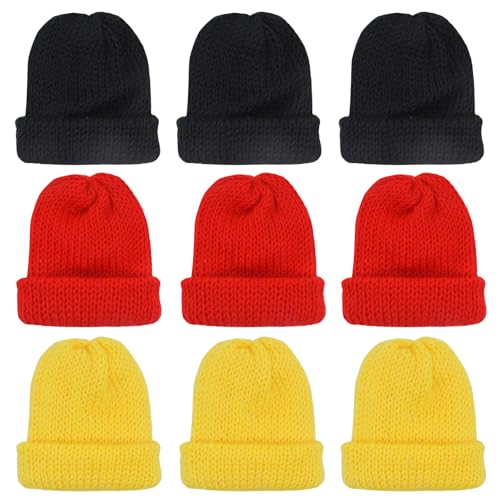 QMofeixiaodianQ 9 Stück Set Eierwärmer-Strickmütze,Eierwärmer, Eierwärmer Weihnachten, Eiwärmer aus Strick, Gestrickte Eierwärmermützen für Frühstückseier, Brunch-Tischdekoration(Schwarz Rot Gelb)