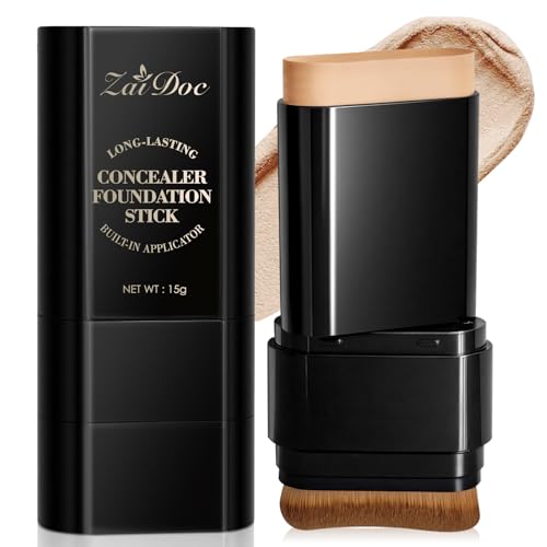 Zaidoc Foundation Stick, Dual-Ended with Brush, 2-in-1 Longwear & Waterproof, Natural Full Makeup...