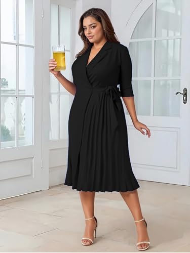 Image of Hostoyo Plus Size Wrap Dress Elegant Pleated Formal Midi Dresses Suit Collar 3 /4 Sleeve Belted Casual Church Outdoor Office