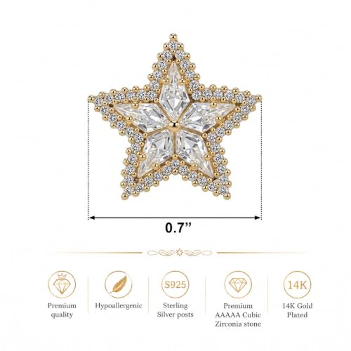 HEFEIYU Star Earrings, 14K Gold Plated Cubic Zirconia Gold Star Stud earrings, Hypoallergenic Posts, Timeless Fashion Wedding earrings Jewelry Gift for Ladies (Star) - image 3