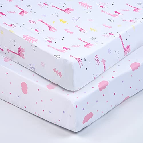 Image of David's Kids Girls Fitted Crib Sheets Pink-100% Cotton Baby Boys and Girls Crib Sheets for Standard Crib and Toddler Mattress-Nursery Sheets-2 Pack-Woodland Giraffes/Clouds-52x28 Inches