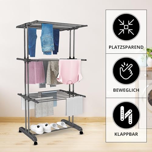 Vonia 3-stöckiger klappbarer Wäscheständer – 12 m Wäscheständer für drinnen und draußen | 72 x 50 x 172 cm Wäscheständer mit 3 Ebenen | Robustes, leichtes Design für Handtücher, Kleidung und Wäsche