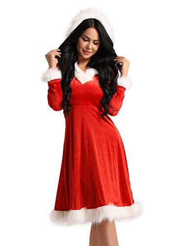 dPois Disfraz Miss Santa Navidad Vestido con Capucha Cosplay Traje de Terciopelo para Mujer Chica Atractiva Sra. Mamá Noel Ropa de Fiesta Navidad Carnaval Vestido Lujo Rojo S
