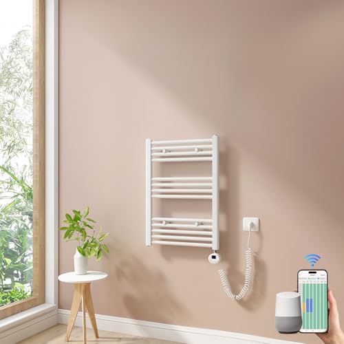 Heilmetz Smart WiFi Badheizkörper Elektrisch 70x50cm Elektrischer Handtuchtrockner mit Thermostat und Timer-Funktion Gerade Handtuchheizkörper Weiß 300W