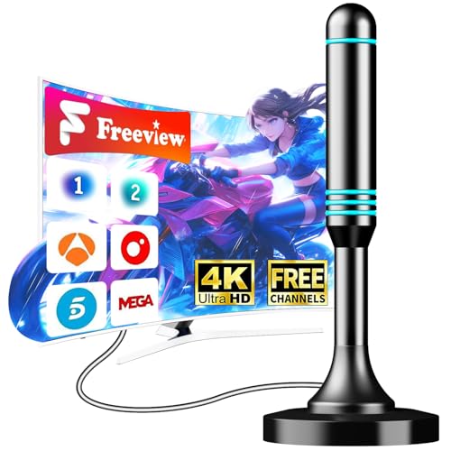 Antena TV Interior TDT HD 1080P, Antena TV Portátil con Base Magnética, Recepción Larga Distancia 80KM+, Compatible con DVB-T2 DVB-T Smart TV, Recepción de Canales Locales Sin Coste Adicional
