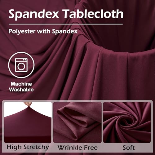 Image of 2 pk Burgundy Spandex Tablecloth 6ft with Ruffled Tables,Wrinkle Free High-Stretch Fitted Table Cloths for 6 Foot Rectangle Tables,Elastic Maroon Spandex Table Covers 6 ft for Weddings Banquet Dinning