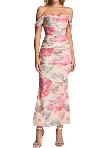 KUTUMAI Off The Shoulder Maxi Long Dress Corset Ruched Bodycon Cocktail Formal Wedding Guest Dresses for Women PY L