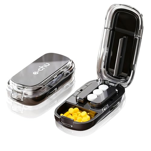 ONGNIUU Cortador de Pastillas 2 en 1 con Almacenamiento, Pill Cutter con Cuchilla de Acero Inoxidable para Dividir en 2 Partes, para Viajes, Uso Diario y Mascotas (Negro)