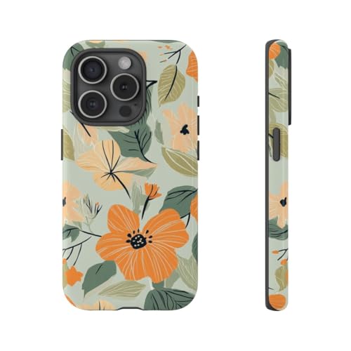 Coque iPhone 15 Pro motif floral orange et pêche avec finition rigide brillante