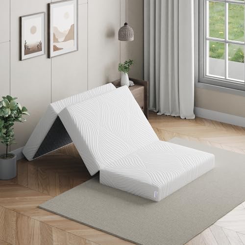 Image of Springwel Tri-fold Portable Mattress | Lightweight & Compact | Use for Extra Bedding, Travel and Lounging | Anti-Skid Base | Machine Washable Cover | White, 72x36x4 Inch
