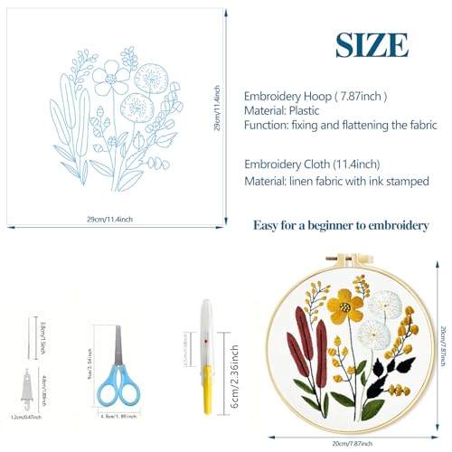 Image of Zhenqing Floral Embroidery Kit - 4 Piece 29x29cm Round Hoop Art Set with Pre-Printed Cotton Fabric, Embroidery Hoop, Threads & Tools for Beginners (C0010)