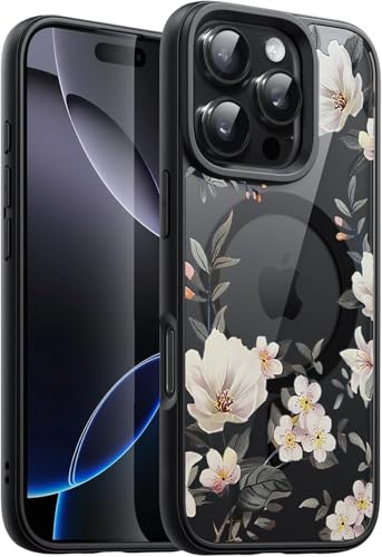 Image of VONZEE Compatible with iPhone 15 Pro Case Luxury Retro Flowers Floral Clear for Magnetic Wireless Charging Case Shockproof Case PC+TPU Cute Glossy Shiny Cover for Girls Women, 6.1'' Black