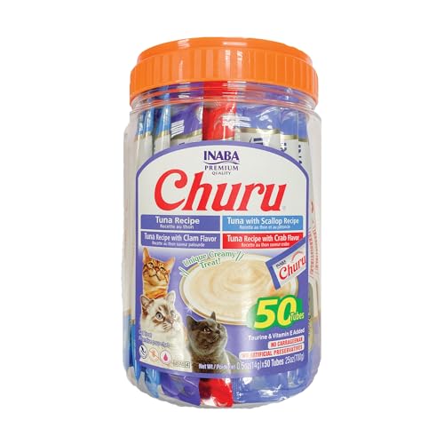 Image of INABA Churu Cat Treats, Lickable, Squeezable Creamy Puree Cat Treat with Green Tea Extract & Taurine, 0.5 Ounces Each Tube, 50 Tubes, Tuna & Seafood Variety