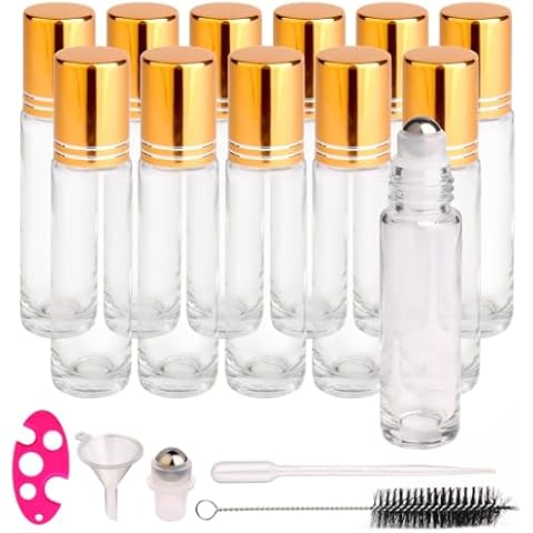 inice 12 Pack Essential Oil Roller Bottles 10ml Clear Glass Bottles Stainless Steel Roll On Ball Metal Cap for Daily Care Cover