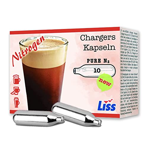 Liss Pure Nitrogen Cartridges for Nitro Cold Brew Coffee - N2 Cartridge 10-Pack For Use with Nitro Cold Brew Coffee Dispenser - Nitro Chargers for NCB Coffee Cocktails Tea - 2 gram Cartridges