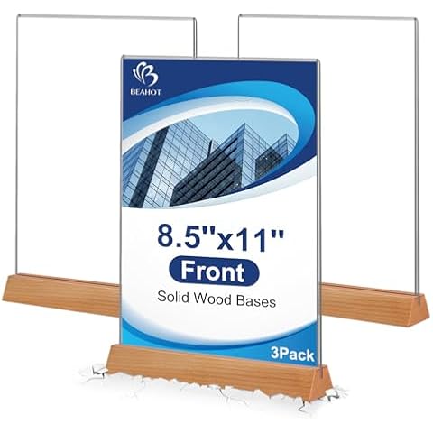 BEAHOT 8.5 x 11 acrylic sign holder, Vertical Double-Sided Flyer Display Stands with Wooden Base, Double Sided T Shape Flyer Holder for office 3 Pack Cover