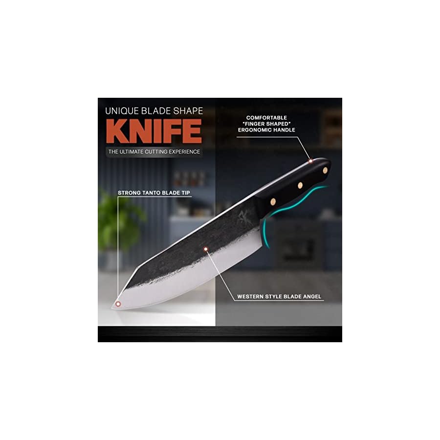 Kitchen-perfection-Chef-Knife-8-Inch-Professional-Kitchen-Knife-HandForged-in-Fire-High-Carbon-Steel-Ultra-Sharp-Premium-Chefs-Knife-Chopping-Knife-wLeather-SheathUnique-Patina-Look Kitchen perfection Handmade Chefs Knife - Extremely Sharp Kitchen Knife 8 Inch Professional Culinary Knife -Hand Sharpen Chopping Knife Meat Knife Kitchen For Men - High Carbon Steel w/Leather Sheath