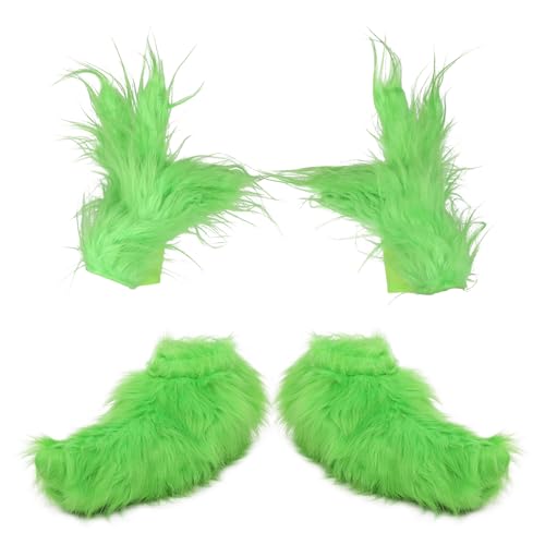 Varuotu Green Big Monster Gloves Furry Hands Monster Shoe Covers Santa Hat Christmas Costume Prop Halloween Accessories Gifts (Gloves+Shoe Covers)