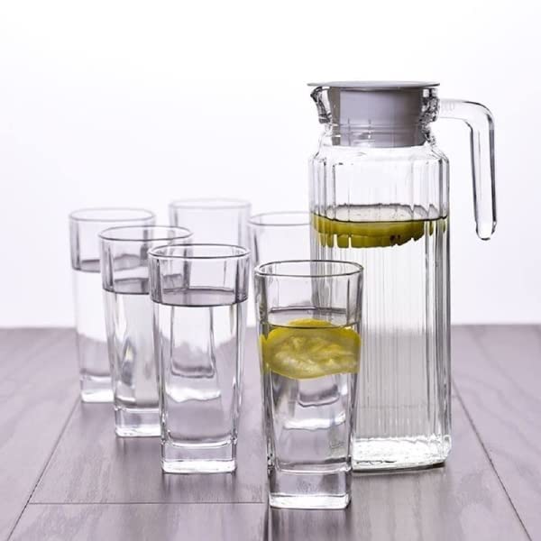 Image of VILON Italian Premium Premium Elegant Glass Lemon Set of 7 Pcs1 Glass Jug (1300 ML) with 6 Glasses (300 ML) (Hexa)