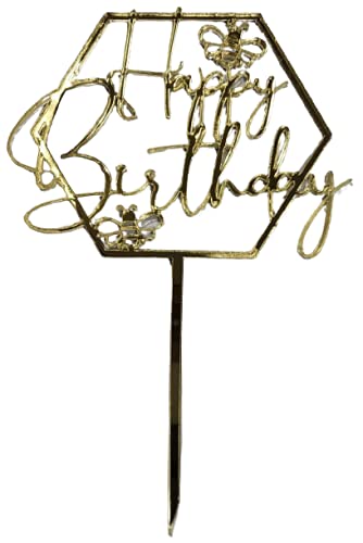 Wave solutions , Golden acrylic " happy birthday" with bee design cake topper