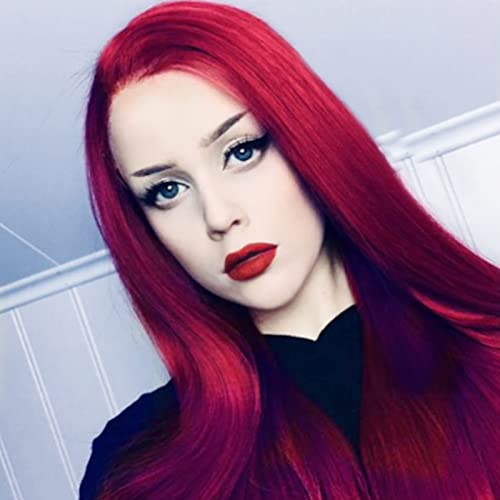 Wine Red Lace Front Wigs for Women Long Burgundy Silky Straight Heat Resistant Lace Wig with Baby Hair Natural Hairline Synthetic Hair Wig Halloween Cosplay Costume Daily Use 24 Inches