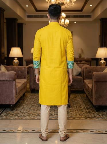 Image of Men's Jamdani Printed Kurta Pajama Set | Pure Cotton Ethnic Kurta with Mandarin Collar & Dupion Silk Pyjama | Festive & Weddings 303A12A 303SB12B(M XXL)