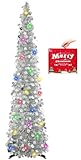 MACTING Christmas Pop up Tree with 50 LED Lights Timer 5FT Silver Collapsible Tinsel Pencil Tree Easy-Assembly Coastal Glitter Artificial Tree for Porch Apartment Corner Home Party Xmas Decorations