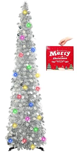 MACTING Christmas Pop up Tree with 50 LED Lights Timer 5FT Silver Collapsible Tinsel Pencil Tree Easy-Assembly Coastal Glitter Artificial Tree for Porch Apartment Corner Home Party Xmas Decorations