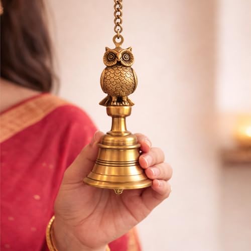 Image of ExclusiveLane 'Royal Owl' Brass Decorative Hanging Bell (100% Pure Brass, 66.2 Cm, 1.21 Kg, Hand-Etched) | Bells for Mandir Hanging Bells for Pooja Room Temple Bells for Mandir