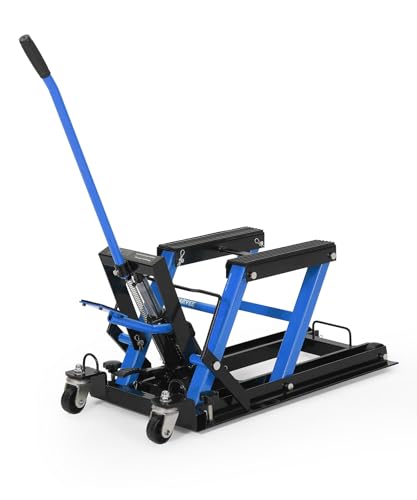 Aptliton 1500 lbs Hydraulic Motorcycle Scissor Lift Jack – Heavy Duty Portable Lift Table – Foot Pedal, 4 Wheels & Handle – Maintenance & Repair – Black+Navy Blue