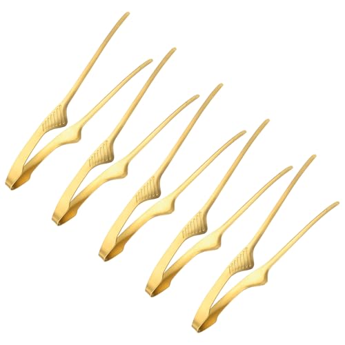 M METERXITY 5 Pcs Korean and Japanese BBQ Tongs 9.5 Inch Barbecue Tongs 430 Stainless Steel Kitchen Self-Standing Grill Non-Slip for Grill/Salad/Camping/Cooking [Gold]
