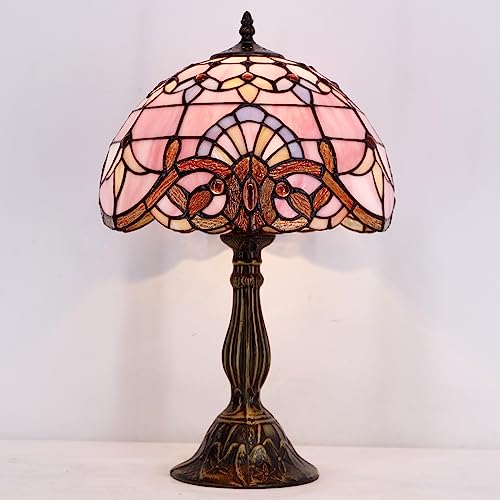 Image of WERFACTORY Tiffany Lamp Bedside Pink Stained Glass Table Lamp 18 Inch Tall