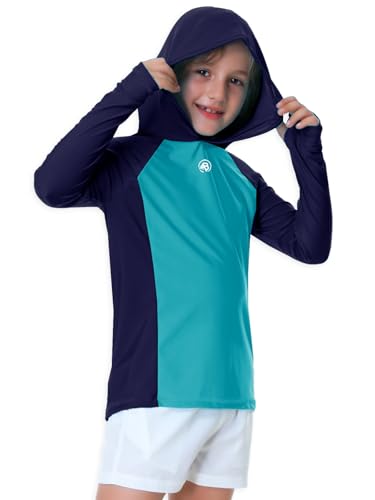 Image of AOBUTE Unisex Kids Long Sleeve Hoodie Rash Guard Boys UPF 50+ Swim Top with Thumb Hole 3-12 Years