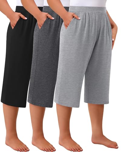 Huukeay 3 Pack Women's Plus Size Capri Pants, Cotton Wide Leg Capris Sweatpants Summer Loose Cropped Yoga Pants with Pockets