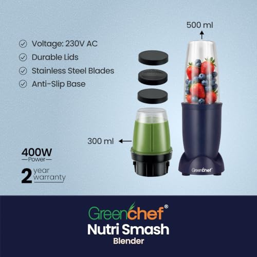 Image of Greenchef Nutri Smash Food Blender| Stainless Steel blades| Anti Slip Base| 400 Watts Power| 2 jars with 3 lids| Warranty 2 Years