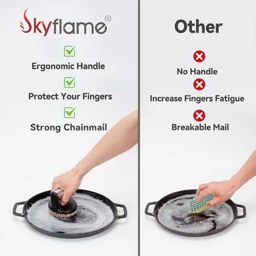 Image of Skyflame Stainless Steel Chainmail Cleaner with Handle | Chain Structure, Cast Iron Cookware, Pans, Skillets and Grills Cleaning Accessory
