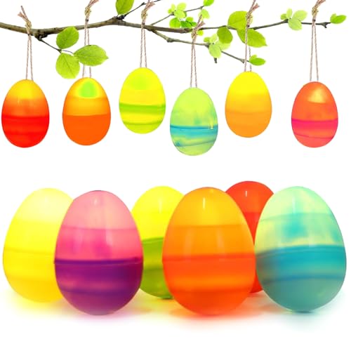 Booaee Décoration de Pâques avec œufs - 12 œufs de Pâques à Suspendre - Oeufs de Pâques colorés en Plastique - Décoration de Pâques - Oeufs LED - Lumières de Pâques Scintillantes - Décoration de boug