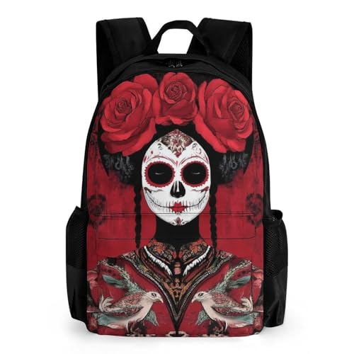 Lightweight Rucksacks for Climbing Outdoors Walking Cycling - Large Capacity Anti-Theft Multipurpose Carry On Bag, Mexican Red Rose Sugar Skull Floral Women Day Of The Dead Camping Outdoor Backpack