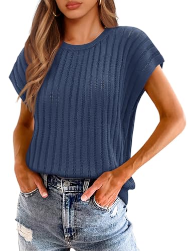 Saodimallsu Womens Summer Crochet Sweater Vest Cap Sleeve Knit Tops Casual Crewneck Sleeveless Sweaters