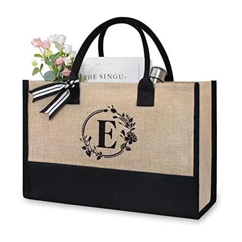 TOPDesign Initial Jute/Canvas Tote Bag, Personalized Present Bag, Suitable for Wedding, Birthday, Beach, Holiday, is a Great Gift for Women, Mom, Teachers, Friends, Bridesmaids (Letter E) Cover