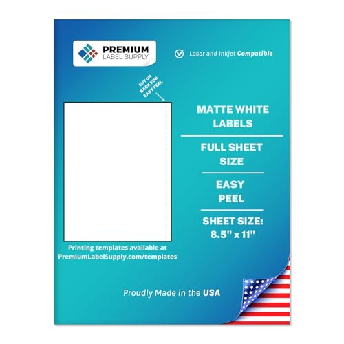 Image of Premium Label Supply White Sticker Full Sheet Shipping Labels - 8.5 inch x 11 inch - Laser /Inkjet Compatible - (1 per Sheet), 25 Sheets - Letter Size