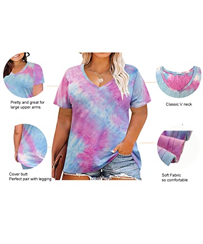 Image of RITERA Women Plus Size Tops Tie Dye V Neck Shirt Floral Camo Summer Short Sleeve Tunic Oversized Ladies Blouse XL-5XL
