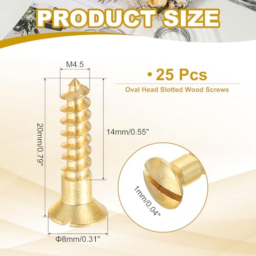 PATIKIL Tornillo para madera ovalado M4.5 x 20 mm, paquete de 25, latón sólido, cabezal plano y ranurado, tono dorado miniatura 2