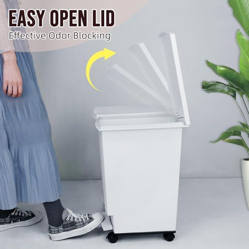 Image of Large Trash Can with Wheels and Lid, 8 Gallon Kitchen Foot Pedal Garbage Can with 360 Swivel Casters, Hands Free Step On Recycling White Trash Can - Odor Block, Durable Metal Wheel Base, 2Pack