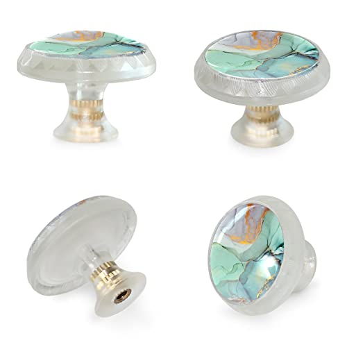 LORVIES 4pcs Transparent Cabinet Knobs, Decorative Kitchen Cabinet Glass Round Knob, Dresser Drawer Closet Cupboard Door Handles Pulls for Home Bedroom Bathroom 1.37\" (Teal Gold Marble)