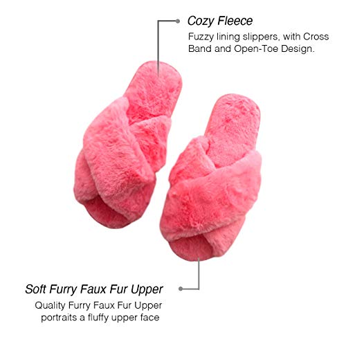 The Season Essentials U-slide Women’s Cross Band Soft Plush Fluffy Furry Fleece House Indoor or Outdoor Ladies’ Slide Slippers, Pink, XL/11-122