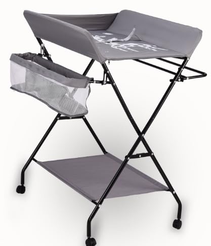 Changing Table, Portable Baby Changing Table with Adjustable Height - Foldable Changing Station with Nappy Mats, Baby Pots, Locking Wheels, Safety Belt & Large Storage, Ideal for Newborn and Infants