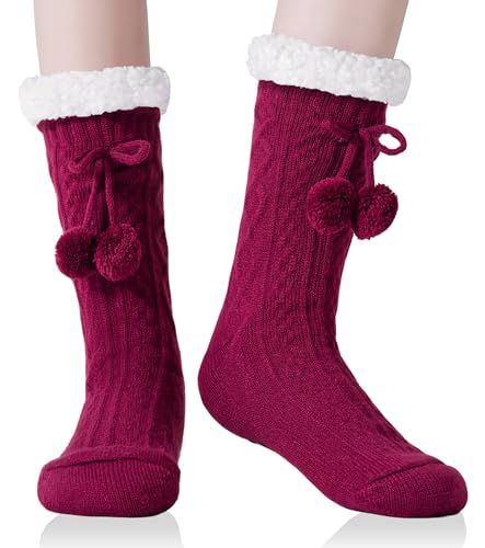 YEEKAORA Calcetines Mujer Antideslizantes, Muy Suaves y Cálidos, Calcetines Mujer Invierno de Punto Para Estar por Casa Ropa (Rojo)